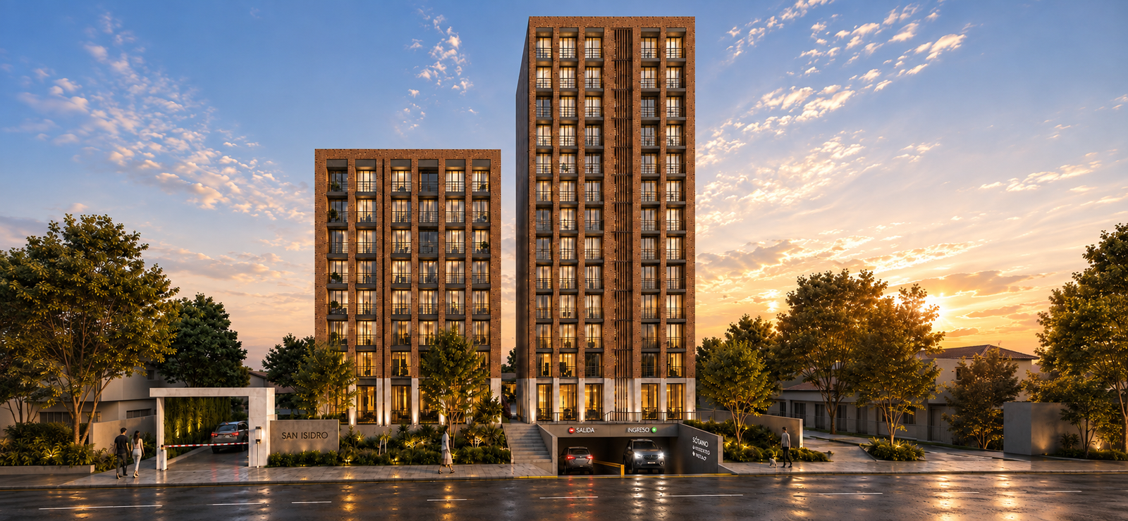 Dos torres residenciales de ladrillo con acceso San Isidro en Zapopan, Jalisco